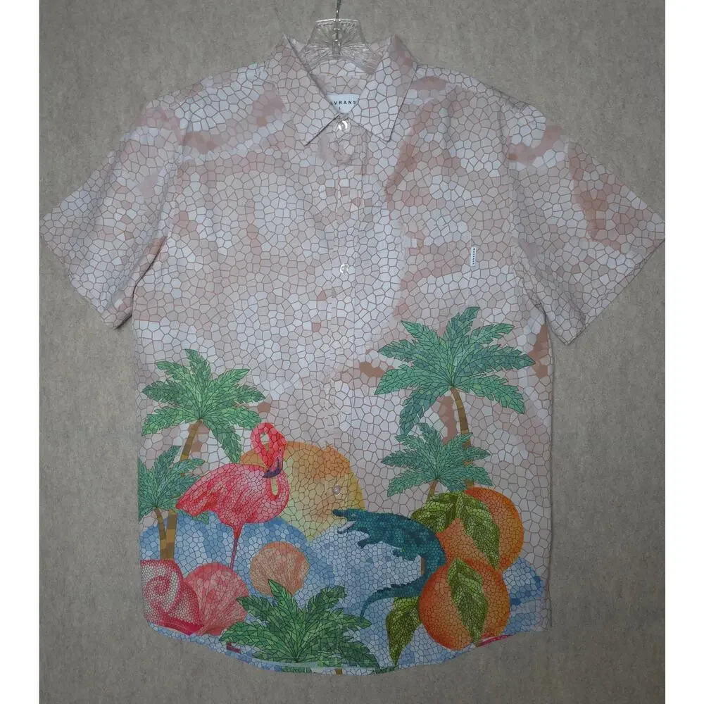 MAVRANS Mosaic Flamingo & Alligator Cabana Set | Shirt & Swim Trunks (Large)